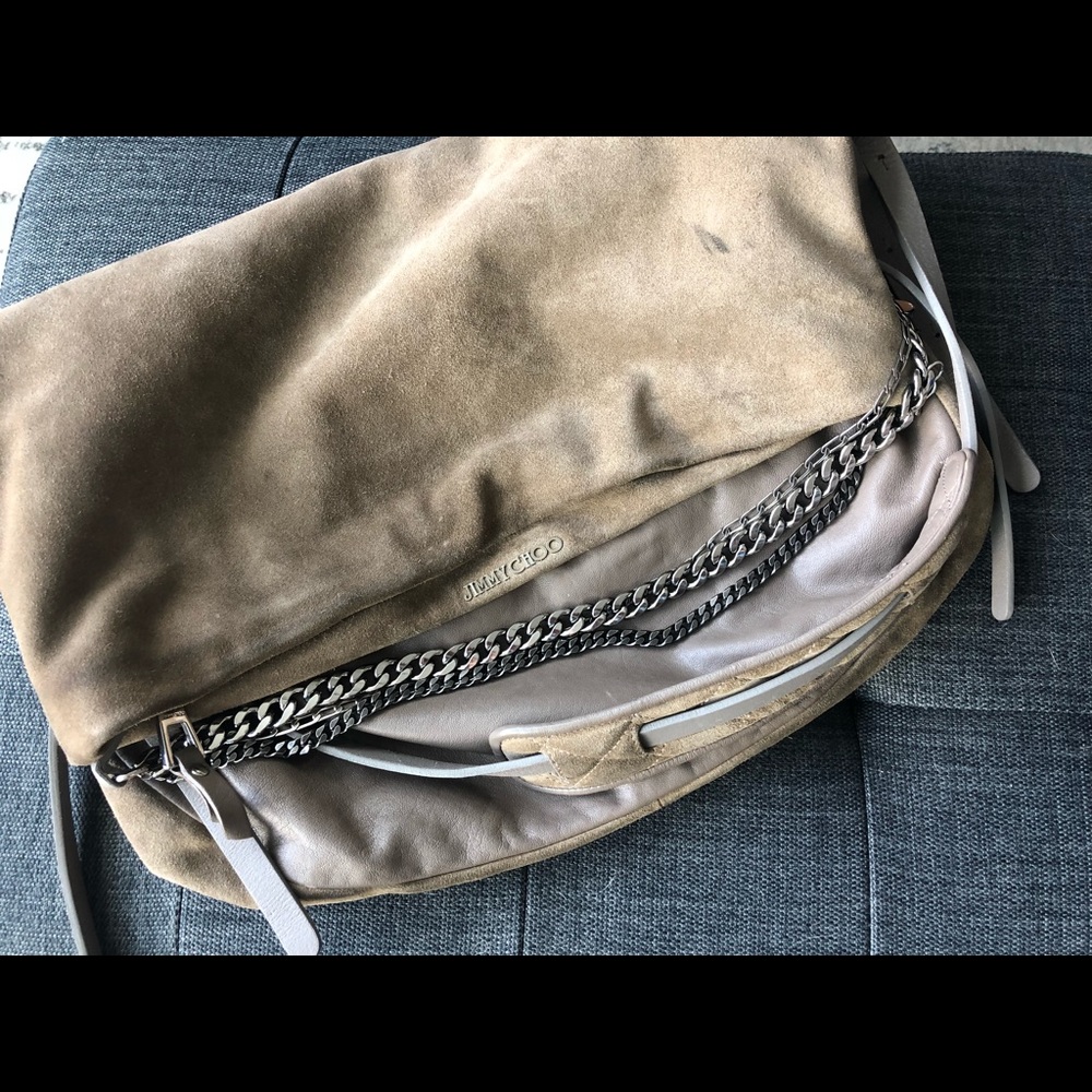 Jimmy Choo Taupe Suede Chain Shoulder Bag